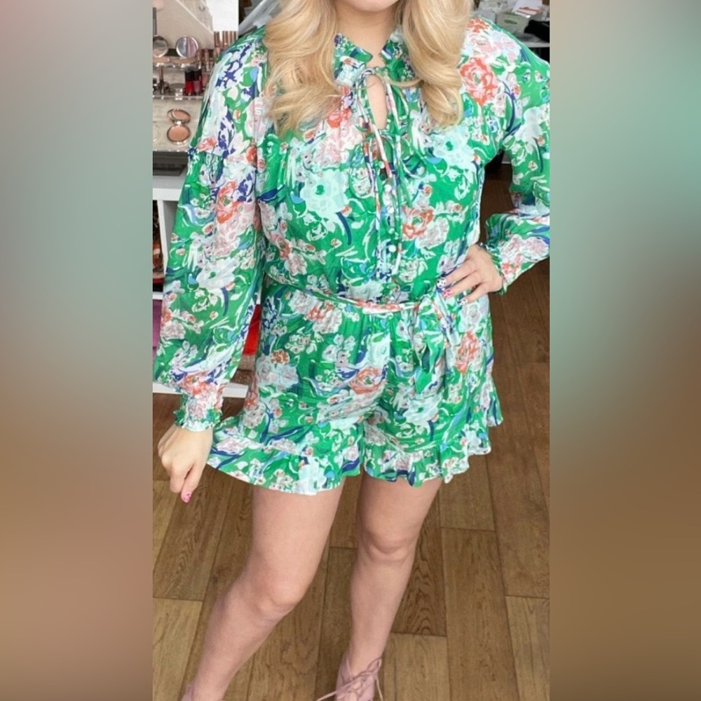 NWT SUNCOO Vibrant Green Floral Romper size T0 (XS) - Picture 2 of 13
